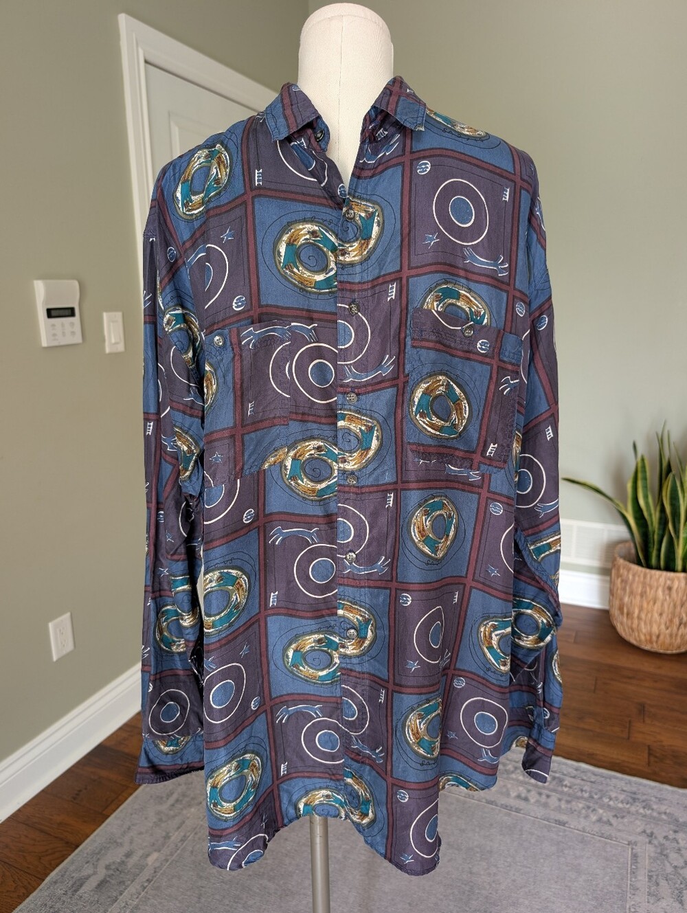 Vintage Todays News Silk Button Up Shirt Abstract Silk Geometric 90s Retro XL